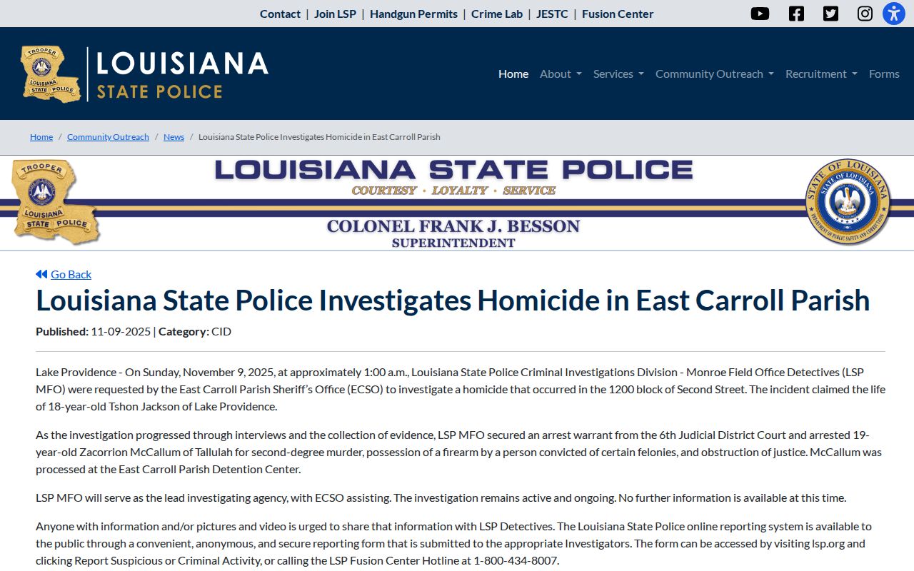 Louisiana State Police East Carroll Parish arrest release