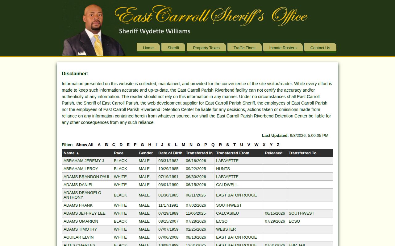 Official East Carroll Parish roster search controls and custody columns