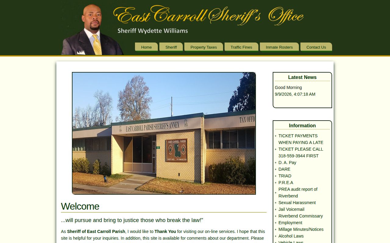 East Carroll Parish Sheriff's Office homepage with roster and contact links