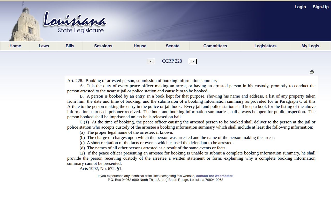 Louisiana article 228 page describing booking records