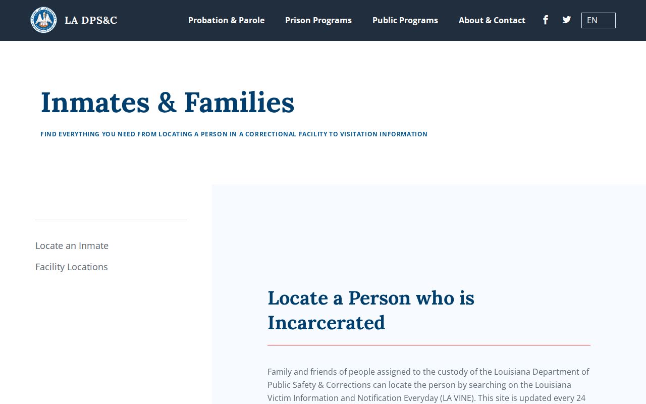 Louisiana DOC inmate information page with locator guidance