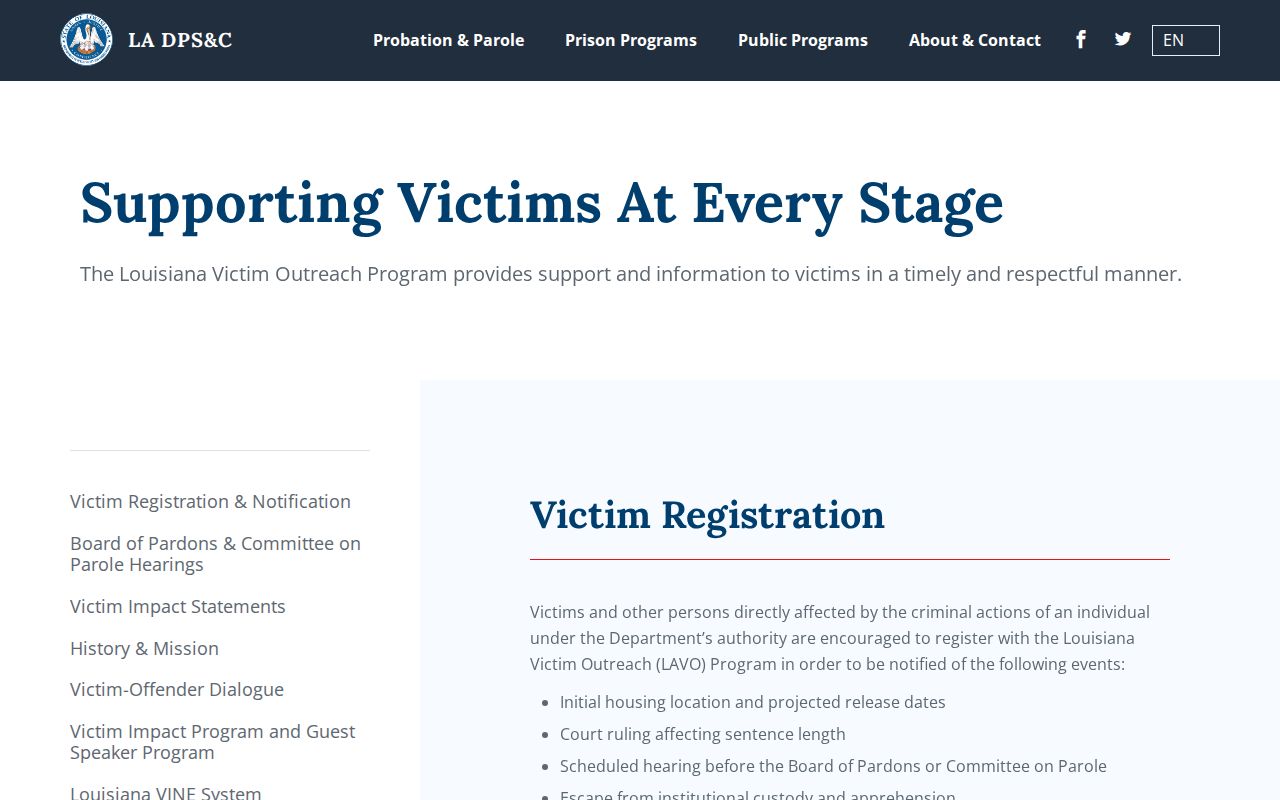 Louisiana DPS and Corrections victim services page describing LA VINE